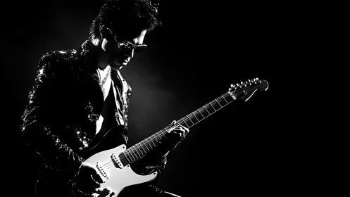 Monochrome electric guitarist isolated in dramatic stage lighting
