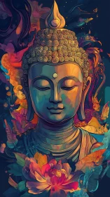 Colorful Buddha portrait with swirling floral patterns.