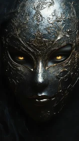 Enigmatic obsidian mask with glowing golden eyes gazing.
