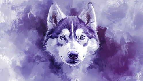 Husky dog portrait in violet digital paint on soft ground.