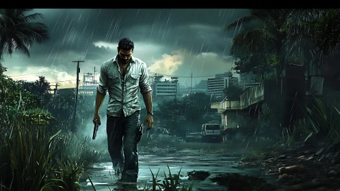 Armed man walking through flooded urban street in rain.