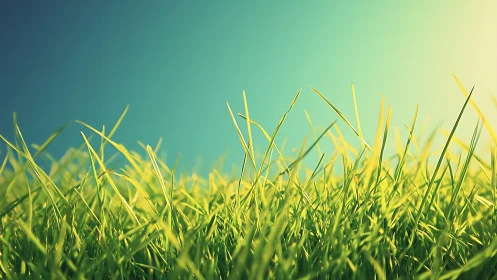 Vibrant close-up of green grass blades under sunny blue sky, nature style.