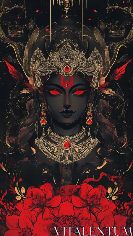Dark goddess portrait with ornate crown and vivid red aura