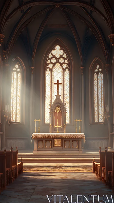 Sunlit gothic altar glows beneath soaring cathedral arches.