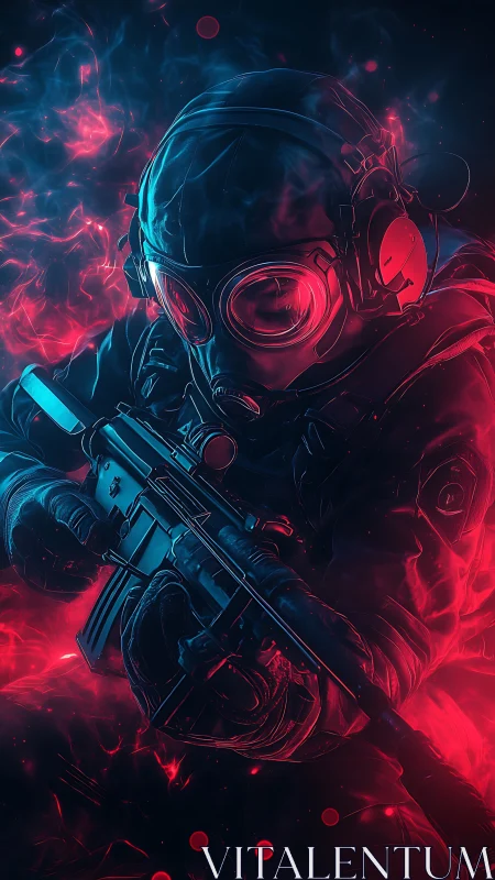 Cyber neon commando portrait with dual-tone atmospheric glow.