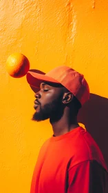Vibrant portrait with levitating orange against chroma wall.