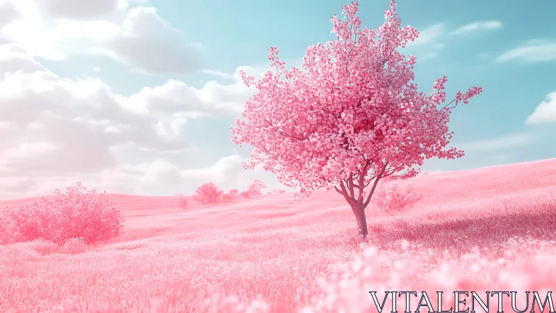 Solitary pink blossom tree glows under a dreamy pastel sky