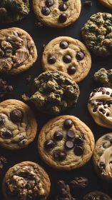 Mixed chocolate chip cookies arranged on dark tabletop
