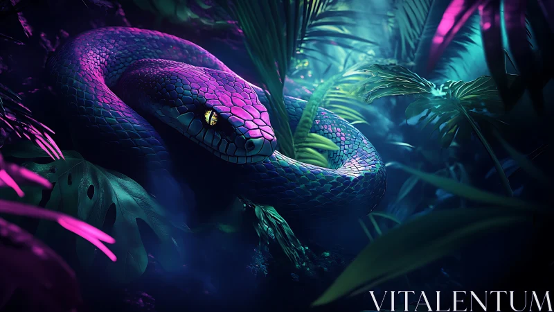 Iridescent serpent coiled in neon bioluminescent jungle scene.