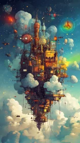 Skyborne city of clouds and lights drifting through stars.