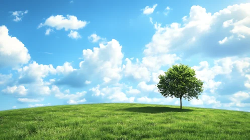 Lone tree on grassy hill under blue sky with fluffy clouds, realistic style.