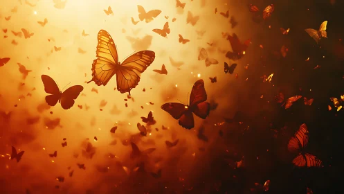 Backlit orange butterflies drift through luminous warm haze