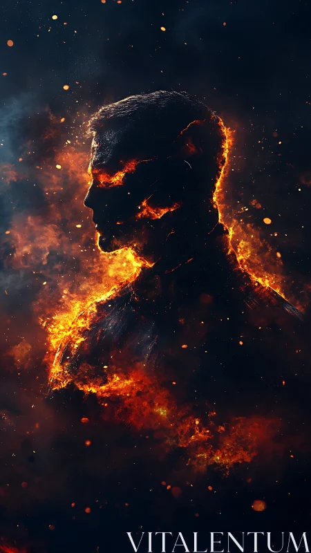 Silhouette of a fireborn figure blazing against midnight smoke.