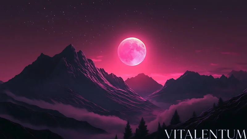 Dreamy pink moon rises softly above tranquil mountain peaks