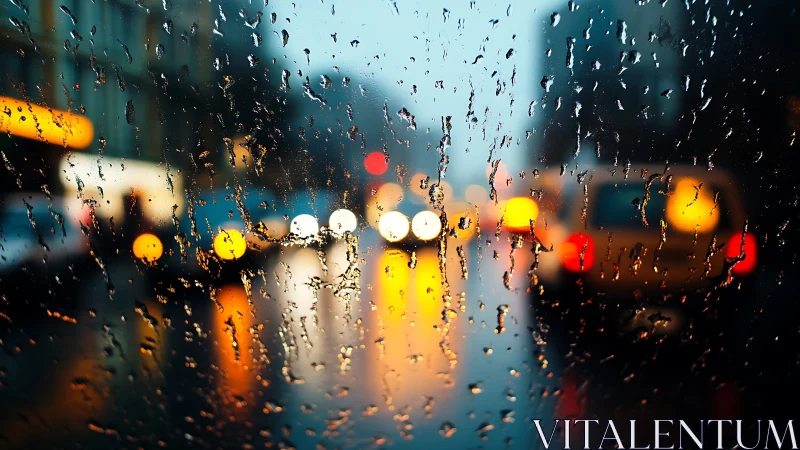 Urban traffic lights viewed through rain covered window.