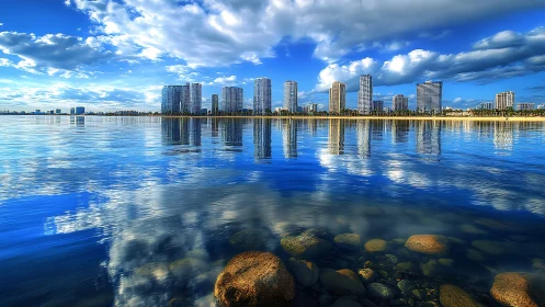 Skyline mirage over cobalt bay with cloud-twinned towers.