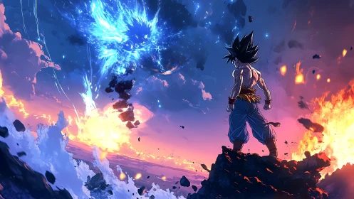 Warrior facing blue energy creature in fiery sky duel.