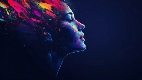 Profile portrait with neon paint bursts in deep space.
