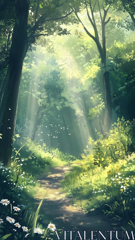 Luminous forest pathway with volumetric light rays filtering through dense canopy.