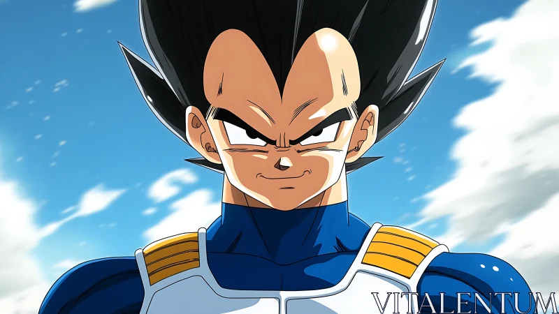 Anime armored warrior character under open sky scene.