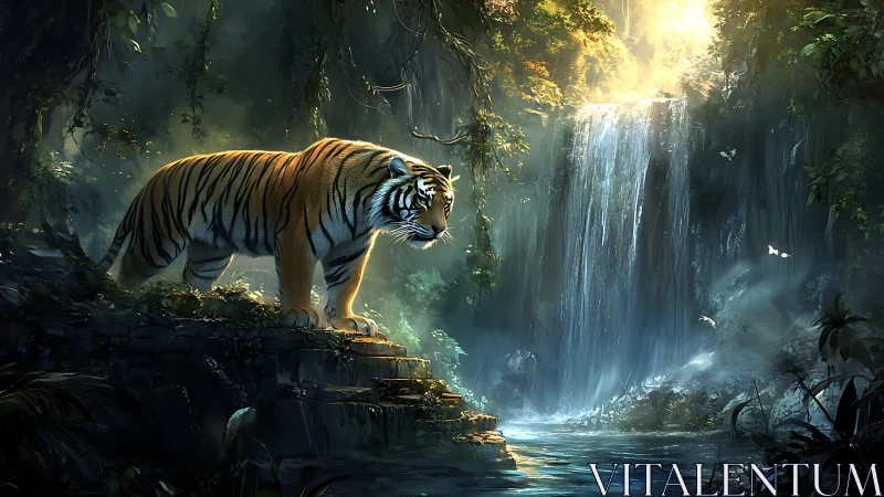 Tiger on mossed stone ledge surveys luminous jungle waterfall basin