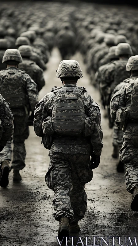 Solitary soldier strides forward within marching formation.