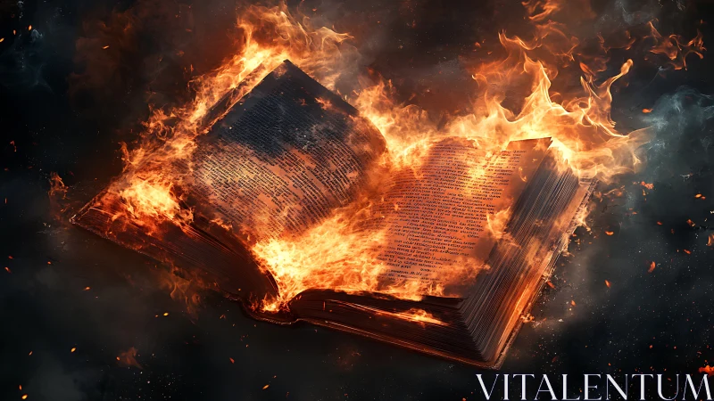 Burning Book Engulfed in Flames Against Dark Background.