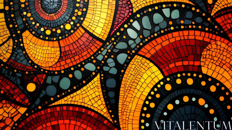 Radiant circular mosaic in cozy reds, golds, and blues.