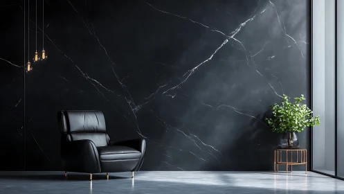 Velvet-black lounge corner where marble and light whisper.