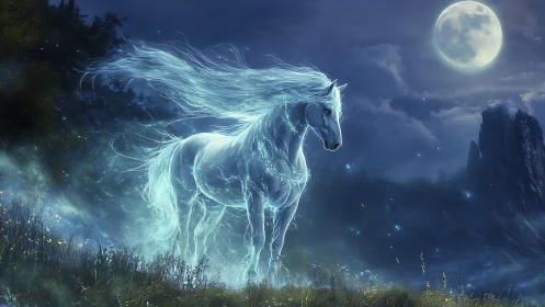 Luminous spirit horse beneath a misty enchanted moonlit sky.