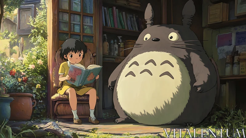 Child reading beside large creature in rustic doorway.