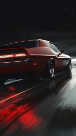 Photorealistic muscle car night chase on rain-slick highway surface.
