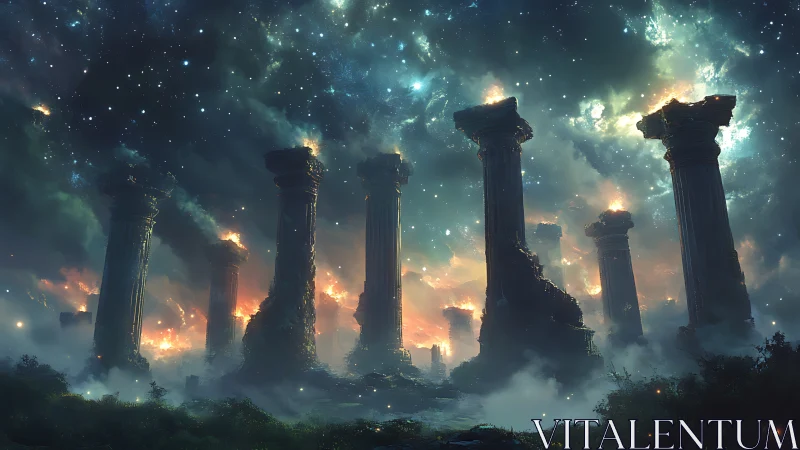 Star-forged ruins ignite an ancient sky of drifting embers.