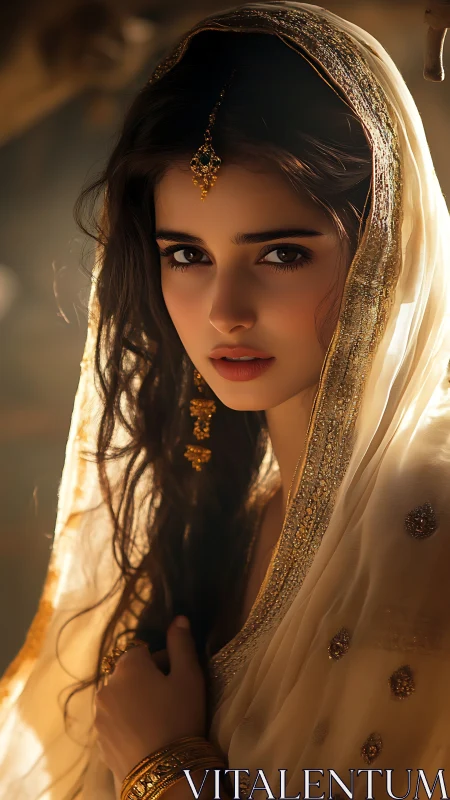 Golden veiled portrait in warm cinematic side lighting.