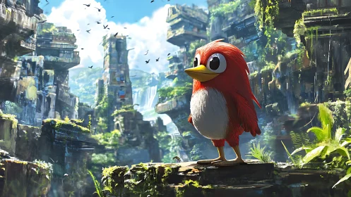 Red cartoon bird in lush ruined cityscape environment.