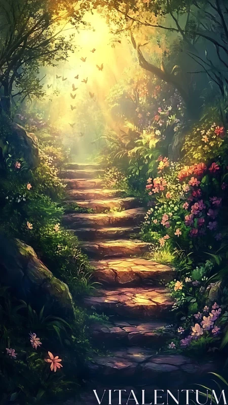 Sunlit stone steps ascend through a glowing floral forest.