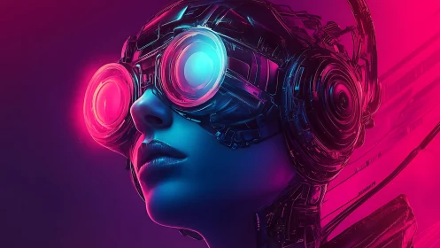 Neon cyber explorer gazes ahead in glowing VR goggles