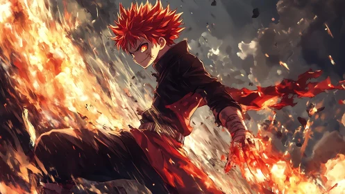 Fire-wreathed anime fighter crouches amid combusting battlefield