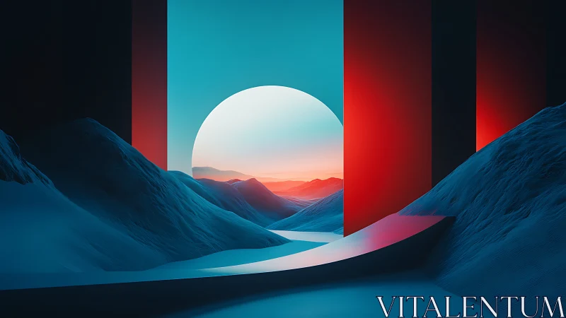 Geometric sunrise portal in surreal digital landscape composition.