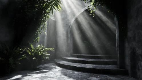 Mystical stone archway welcomes soft morning light and calm