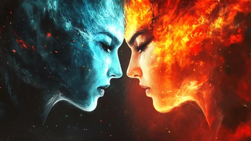 Dual elemental female faces embody stark fire and ice contrast