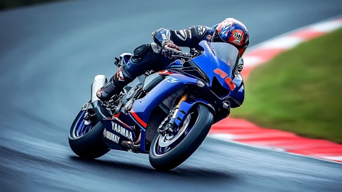 Motorcycle racer leaning into high-speed circuit corner.
