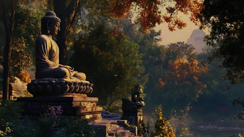 Buddha statue sits by a forest lake at warm sunset light