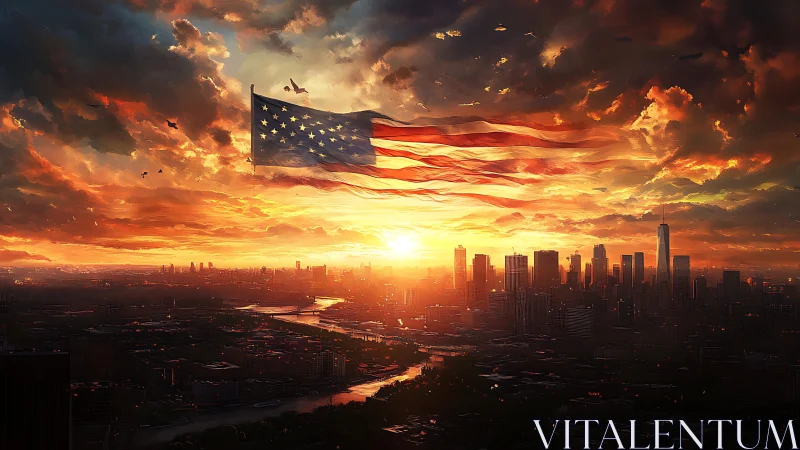 American flag glows above skyline under blazing sunset sky