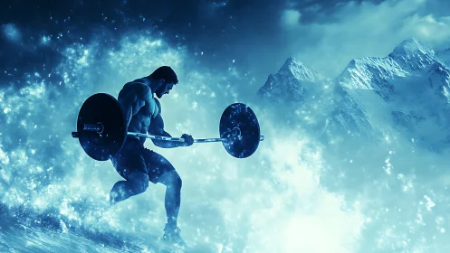 Mythic weightlifter strides through icy cosmic storm.