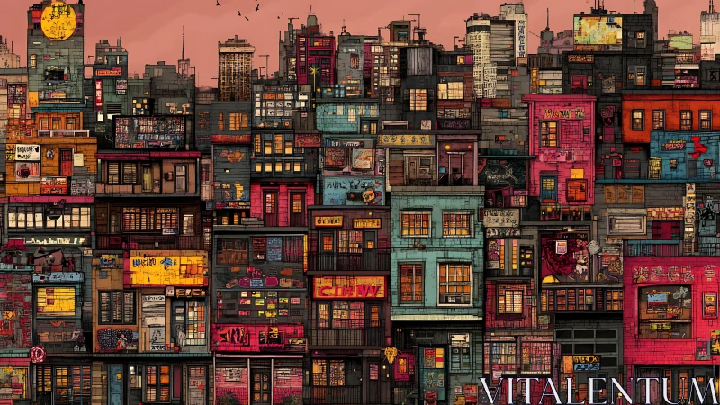 Dense urban block illustration with layered storefront facades.