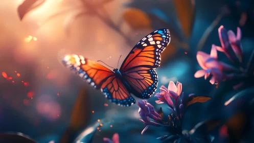 Monarch butterfly in cinematic dusk bokeh over florals.