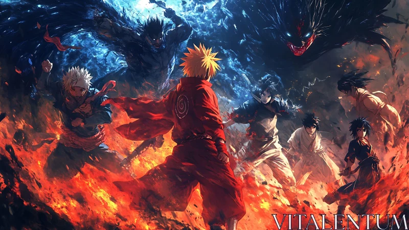 Fiery ninja hero stands between rivals in a storm of power