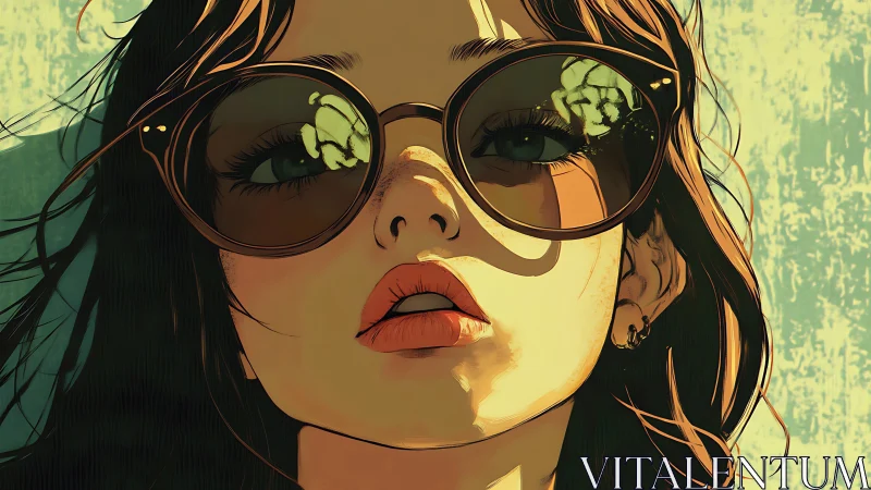 Sunlit portrait of girl in oversized reflective sunglasses.