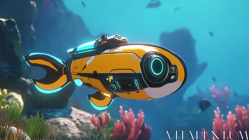 Futuristic yellow mini submersible cruising over coral reef.